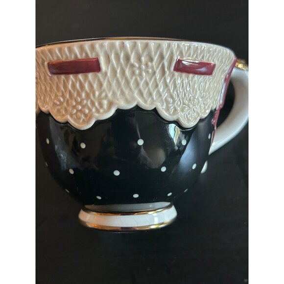 Sandy Clough Claudette Cup & Saucer Set Black & White Polka Dots Lace Detailing - Picture 6 of 12
